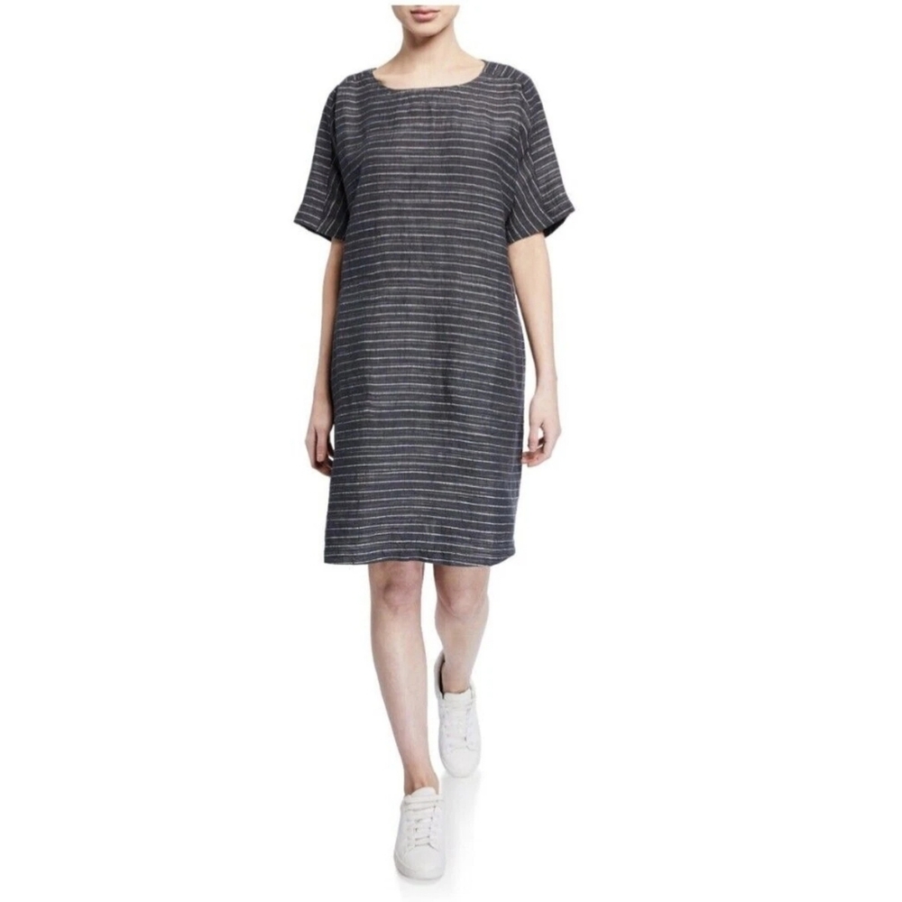 Eileen Fisher NWT Organic Linen Scoop Neck Pinstripe Tunic Dress Graphite Gray‎